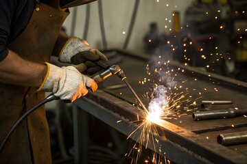 Welding sparks burst as gloved hands join metal frame on cluttered workbench — symbolizing intensity, technical skill, and real-world craftsmanship