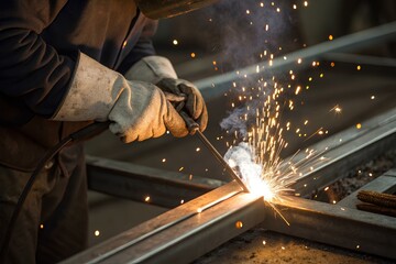 Welding with protective helmet and gloves amid flying sparks — symbolizing precision, skill, and the elemental transformation of metal