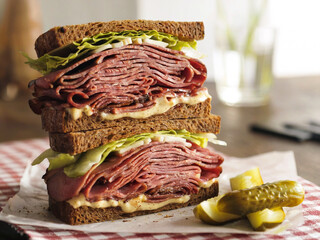 Double sized stacked pastrami sandwich with lettuce and mustard on rye bread, cut in half and served with pickles on a checkered napkin in a cozy dining setting