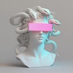 A white sculpture of Medusa with a pink and teal glitching retro glowing rectangle covering her eyes