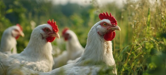 Fototapeta premium The group of chickens enjoying the sunny rural atmosphere in the countryside.