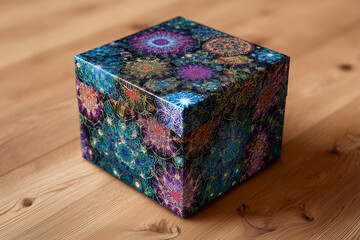 Colorful gift box with intricate floral patterns sits on a wooden surface, showcasing vibrant designs and textures