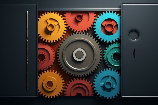 Open safe box revealing colorful interlocked gears working as a complex financial system