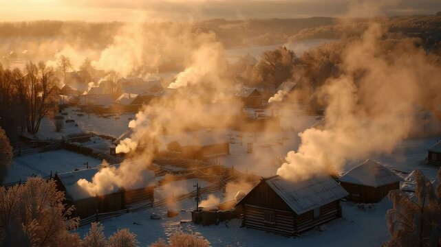 cinematic wide shot of a village with wooden dachas and smoke rising from chimneys, golden hour light in winter