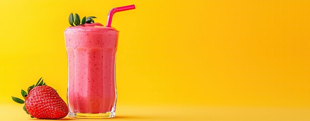 Fruit Smoothie with Minimalist Pastel Studio, strawberry smoothie in elegant curved glass with soft shadow and pastel yellow background, smooth studio lighting