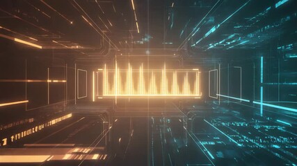 Abstract rendering of a data center with glowing lines and central waveform display panel. Glowing virtual network interface. Futuristic data connection stream. Cyber grid with geometric lines. - Powered by Adobe