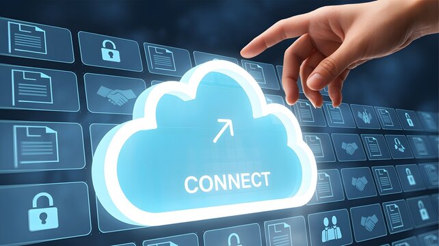 Human finger touching a glowing blue cloud icon with the word connect inside