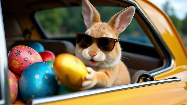 A rabbit with sunglasses in a yellow car with easter eggs ready for a spring holiday celebration