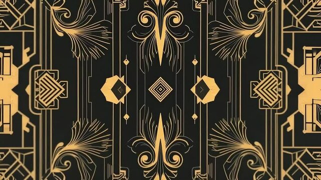 Ornate gold art deco pattern on a black background with geometric shapes and floral elements design