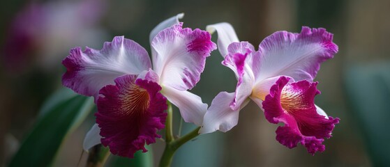 Close up shot of two purple and white orchids with a blurred background in a horizontal composition