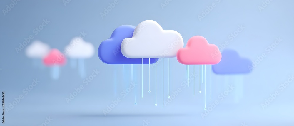 Poster abstract 3d clouds in blue, white, and pink float against a soft blue background with rain-like line