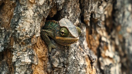 Chameleon nestled in tree bark