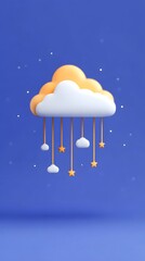 A whimsical digital illustration of clouds and stars hanging from strings against a blue background, evoking a dreamy, playful atmosphere.