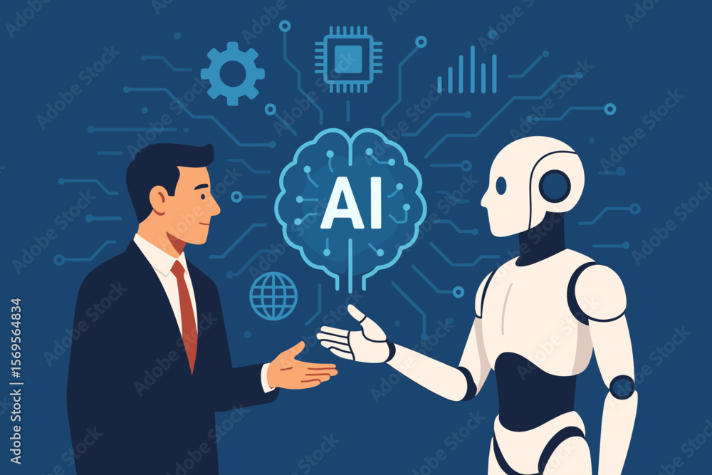 Poster artificial intelligence concept. man and robot. human-ai partnership. future technology. machine lea