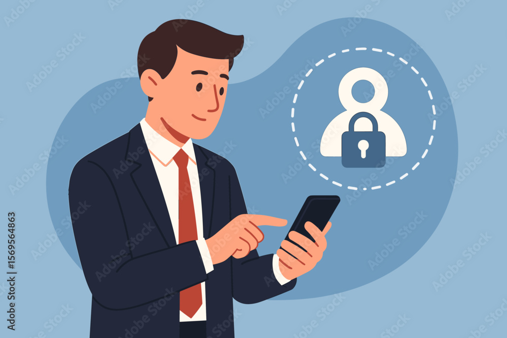 Poster businessman managing access control on a smartphone. cybersecurity concept for personal data protect