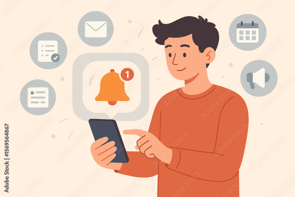 Poster man gets alert notification on smartphone. push notifications concept with bell icon, new message, c