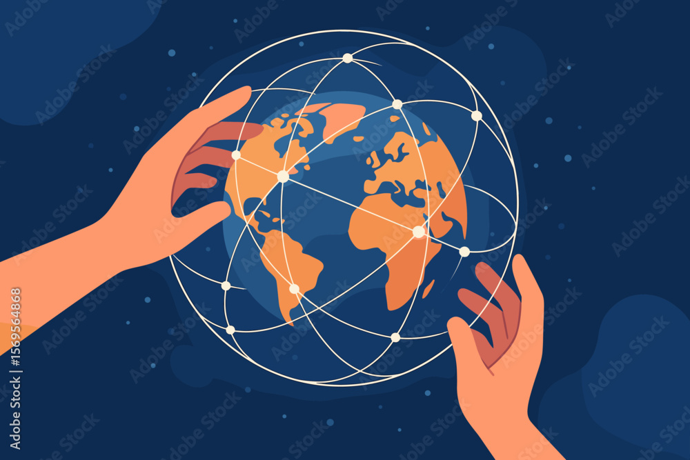 Poster hands touching earth with global network connection. abstract science concept for communication and 