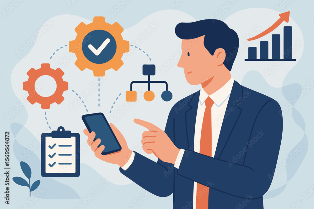 Poster businessman managing workflow automation and business process optimization with a mobile phone. conc
