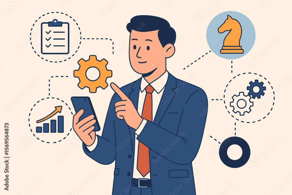 Poster businessman managing business process automation with a smartphone. vector concept of workflow strat