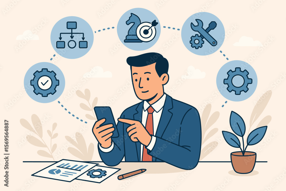 Poster business process management and workflow automation concept. businessman using smartphone app for pr