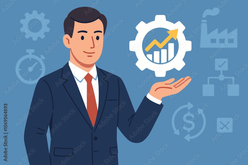 Poster businessman with productivity icon for industrial management, focusing on efficiency and growth. lea
