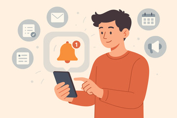 Man gets alert notification on smartphone. Push notifications concept with bell icon, new message, calendar, and task list. Important reminder and announcement on mobile app. Vector.