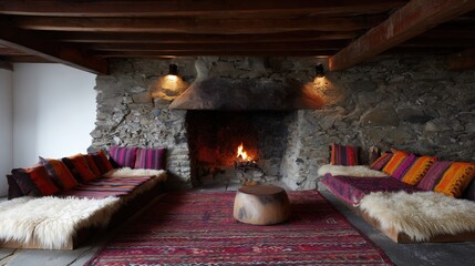 Warm and inviting interior of cozy, rustic living space, featuring a stone fireplace, a burning fire, and comfortable seating. The room is illuminated by soft light, casting a cozy ambiance.