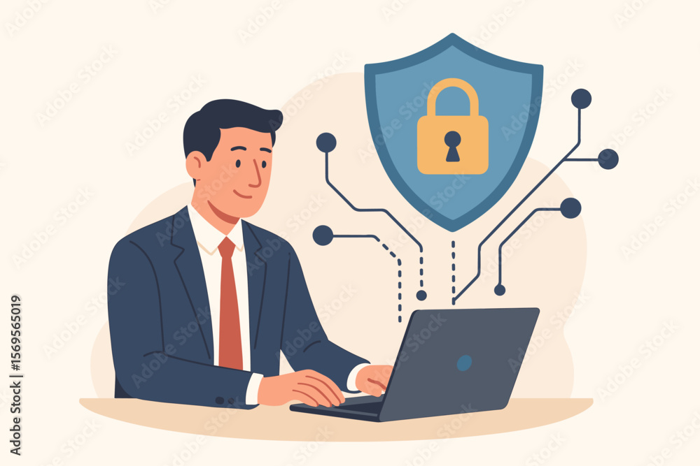 Poster cybersecurity concept with businessman using laptop. secure internet connection with shield and padl