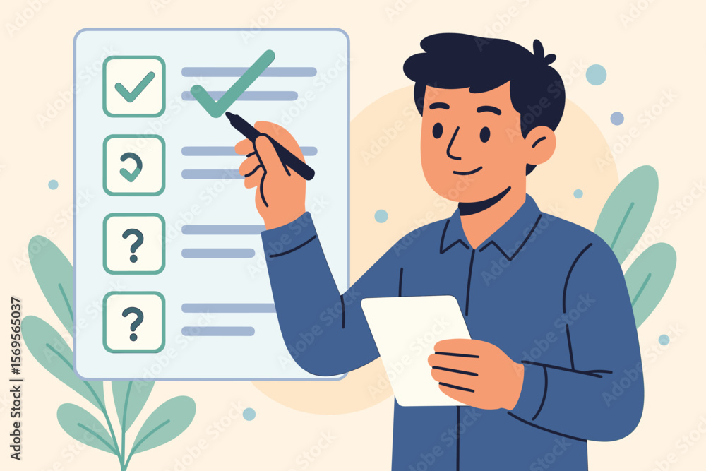 Poster checklist concept of quiz question answering and online survey form completion. man with pen checkin