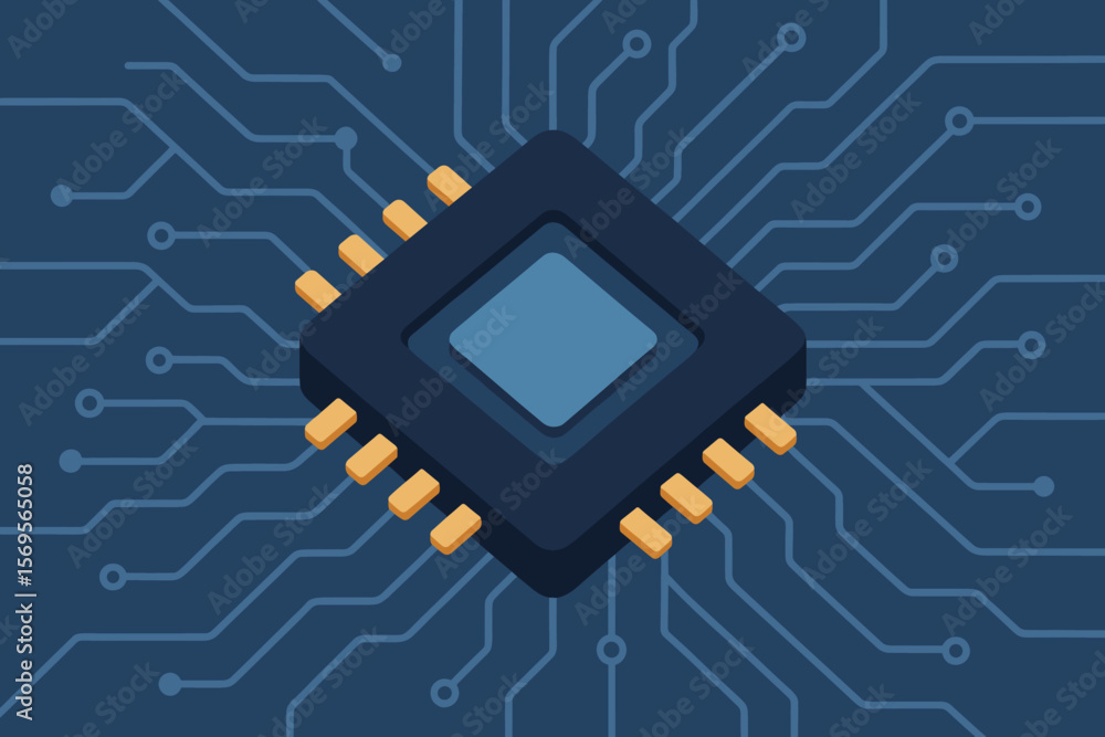 Poster central processor unit cpu on motherboard. isometric microchip illustration. computer hardware, tech