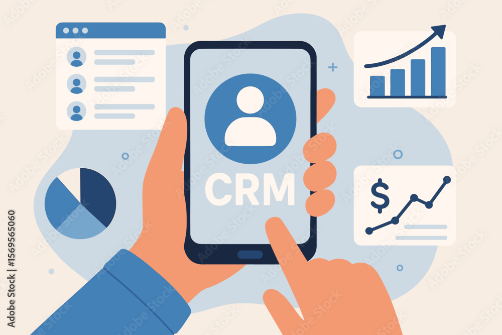 Poster customer relationship management concept. hand holding smartphone with crm app for sales, marketing 