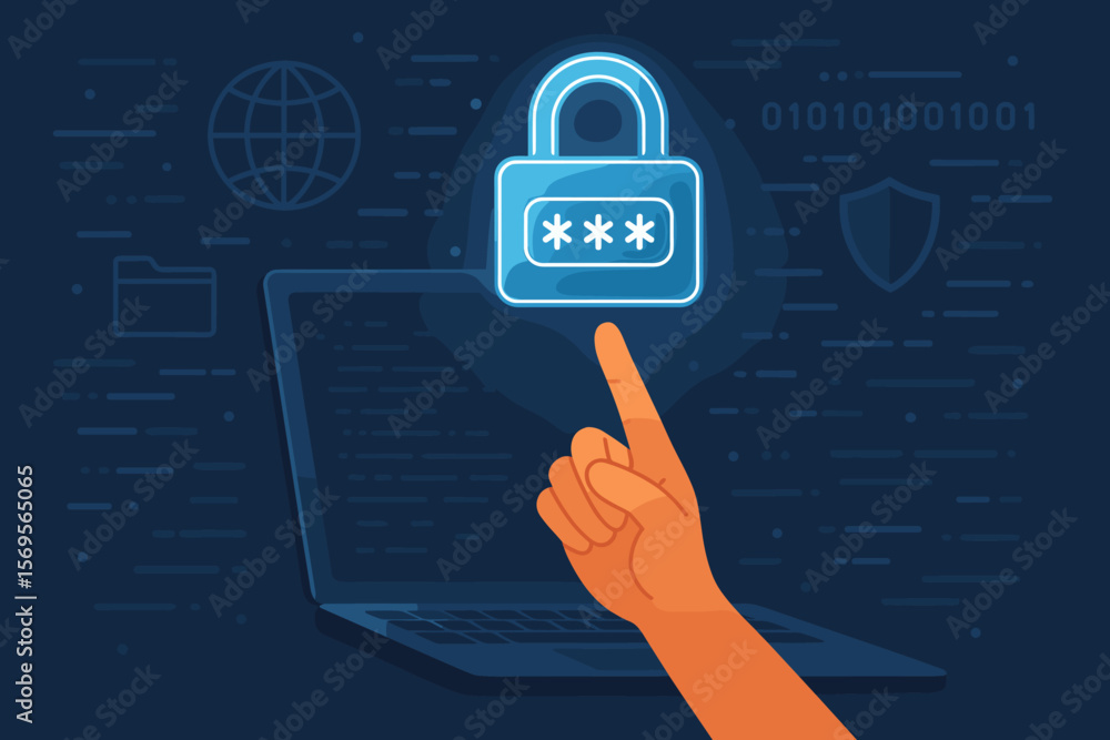 Poster cybersecurity concept for data protection and privacy. hand with glowing padlock symbol over laptop.