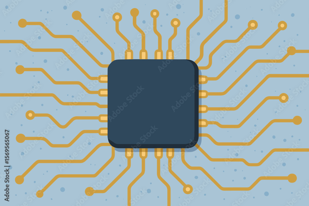 Fototapete CPU microprocessor on a computer circuit board background. Electronic hardware and technology concept. Digital data processing, semiconductor chip. Modern flat vector graphic illustration.