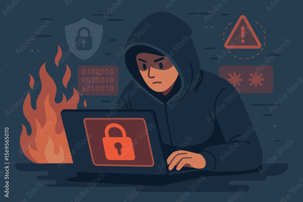 Poster data breach and hacker attack vector concept. anonymous hooded cybercriminal on a laptop stealing pe