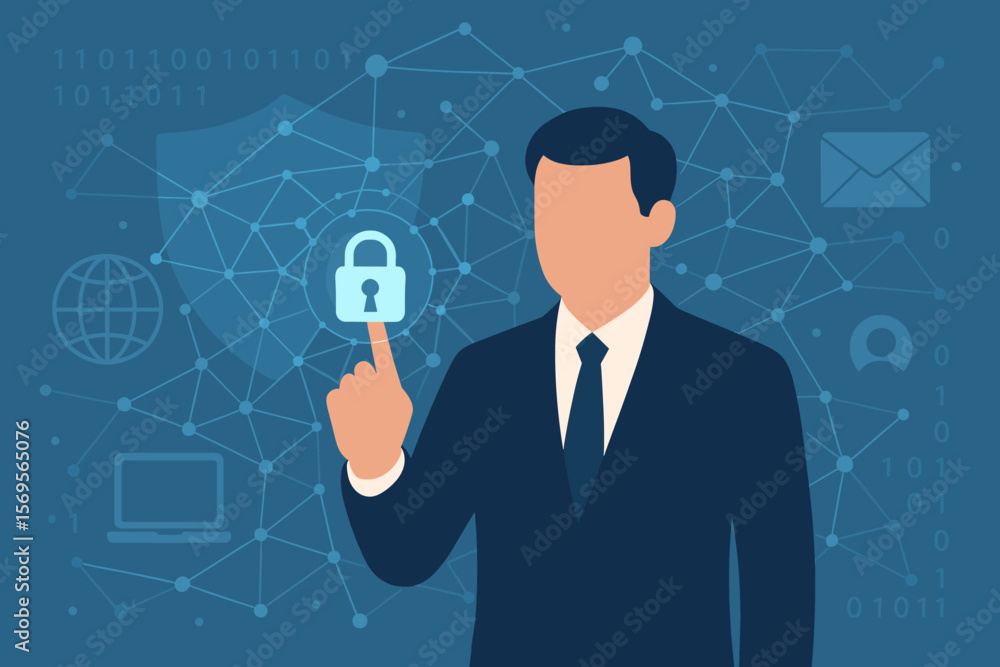 Poster cyber security and data protection. businessman protecting personal data. man touching padlock icon 