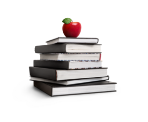 A pile of 7 books for going back to school with a red apple for the teacher or for the child as a healthy snack during their lesson to further their education isolated against a transparent background