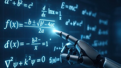 Robotic hand pointing at floating mathematical equations in a high tech digital screen, symbolizing innovation and scientific discovery, with a focus on ai learner and virtual equation