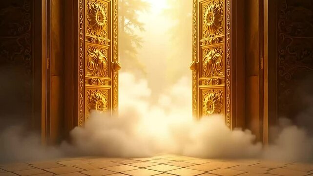 Ornate golden doors open to bright light with fog on the ground and a stone floor visible too