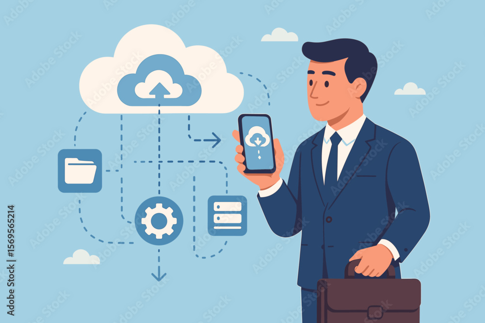 Poster businessman using cloud computing technology on a smartphone for data management and storage. corpor