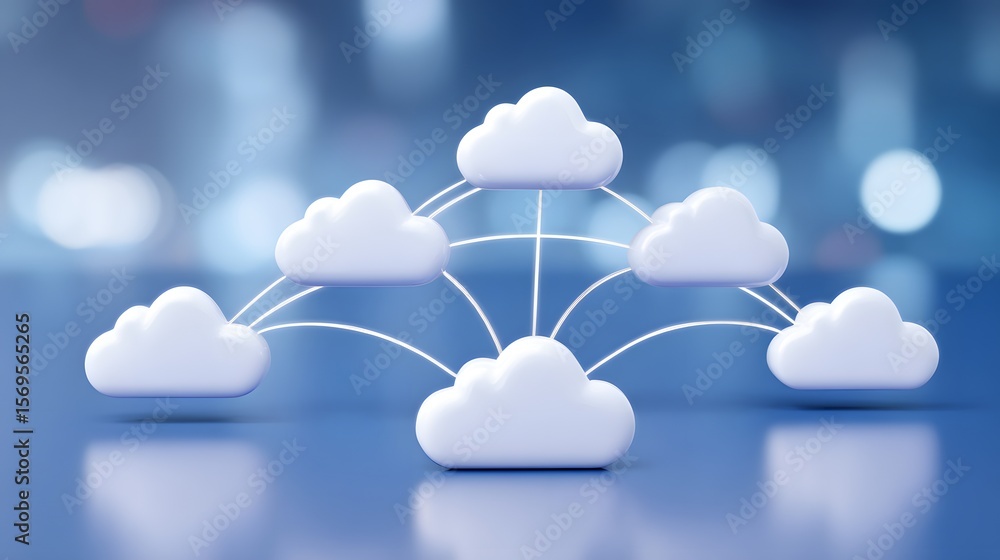 Poster white cloud icons connected by lines on a blue blurred background, representing cloud computing and 