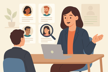 Hiring and recruitment concept. HR manager conducts a job interview. Recruiter selects a candidate using a laptop. Human resources, career, and employment vector illustration.