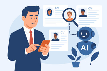 Human resource management with AI concept. HR automation technology for recruitment. Businessman and robot scan CV resumes database. Candidate selection and job interview process.