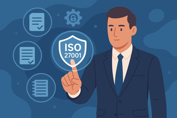 ISO 27001 concept. Information security management system. ISMS standard for data protection, cybersecurity. Businessman touching shield for compliance and certification.