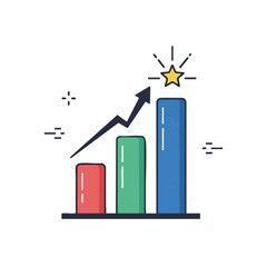 Bar Chart with Rising Arrow and Starburst on Top Column, Flat Vector Icon