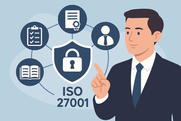 ISO 27001 concept. Information security management system. ISMS. Businessman. Data protection. Certification and compliance standards. Cybersecurity vector illustration.