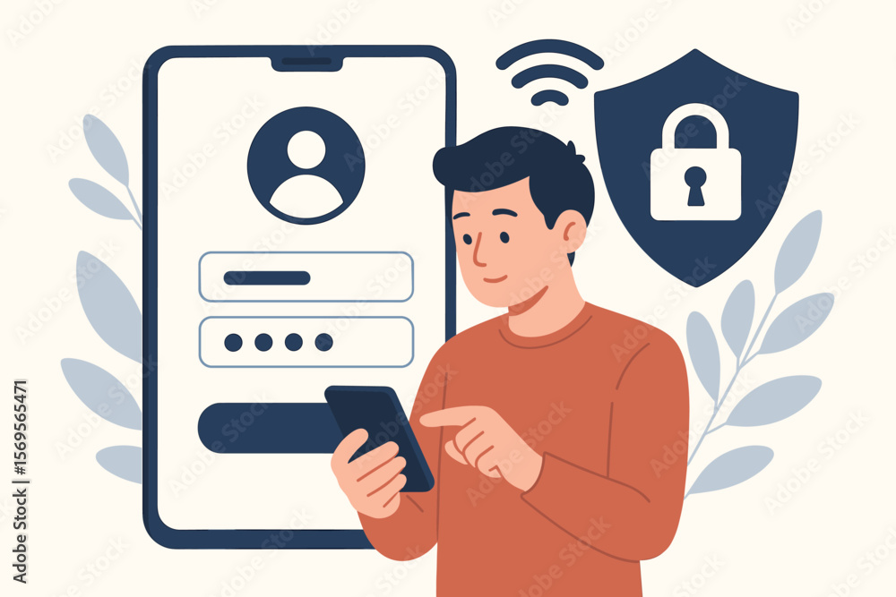 Poster cybersecurity concept. secure login and password authentication. man with smartphone for data protec