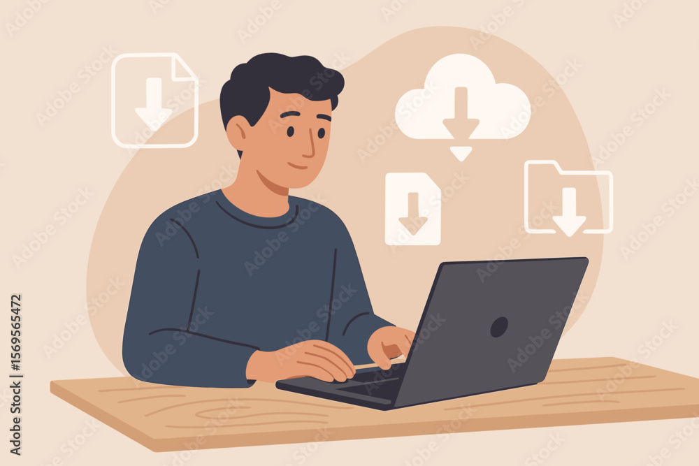 Poster concept of cloud computing and data storage. man using laptop to download files and documents. digit