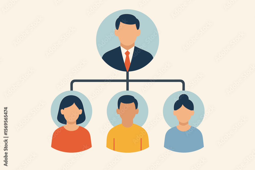 Aufkleber organizational structure with business people avatars. corporate hierarchy with manager and employee