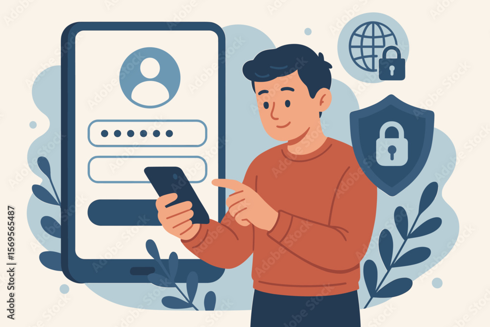 Poster man using smartphone for secure login with password. concept of online security, data protection, in