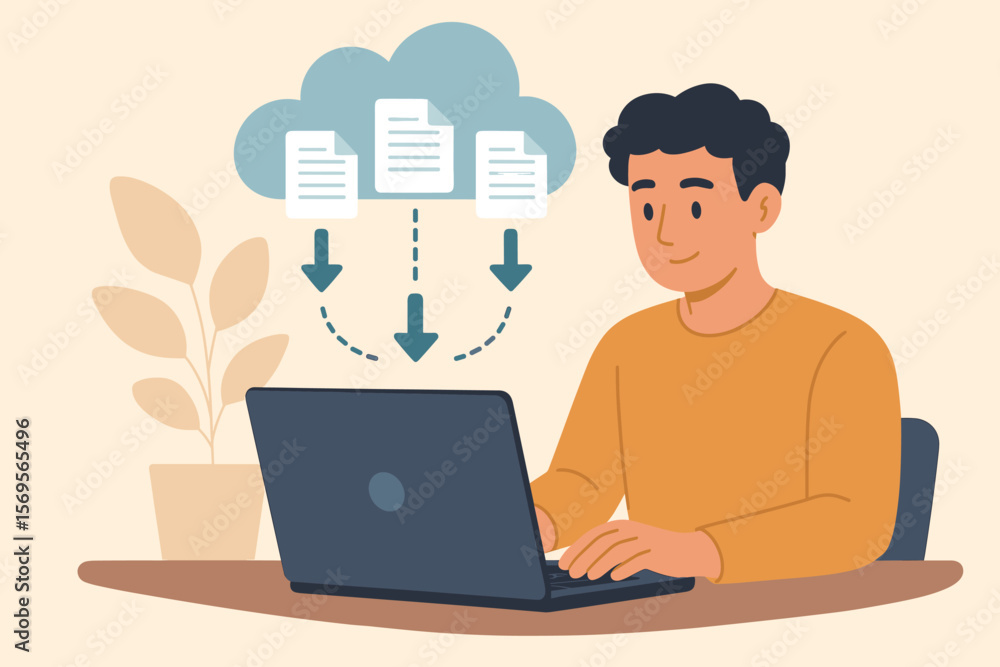 Aufkleber cloud computing technology concept. man at laptop downloading files and documents from online storag